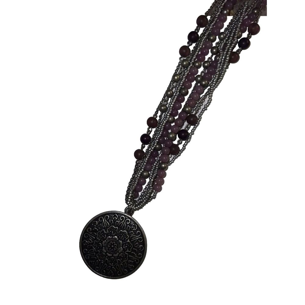Purple & Gray Medallion Pendant Necklace Multi Strand Adjustable Costume 18.5" - Picture 3 of 4